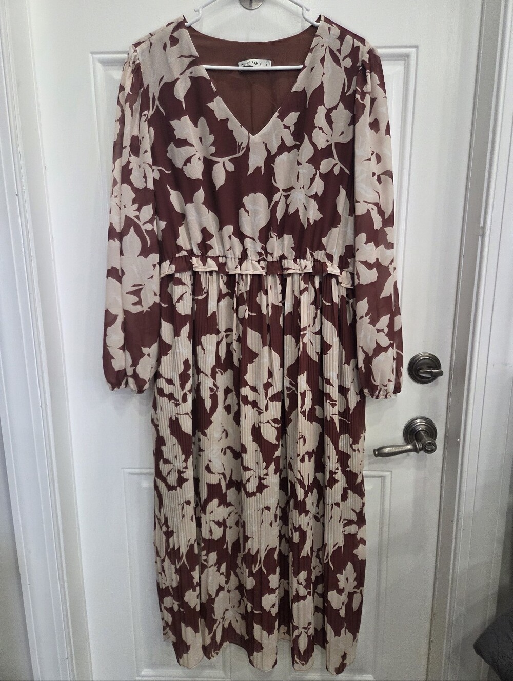 Grace Karin  Cream Floral Pleated Long Sleeve Dress
